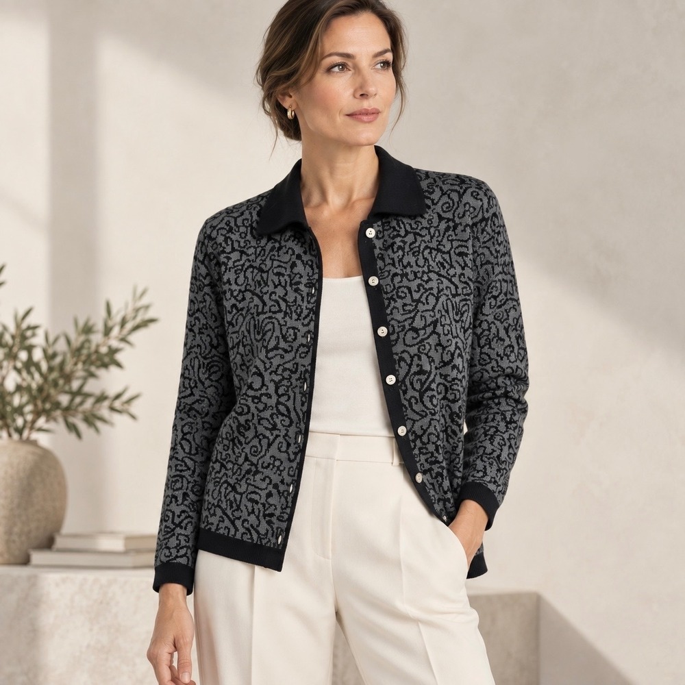 Talbots Petites Wool Cardigan Womens SP Made Italy Black Gray Abstract Jacquard